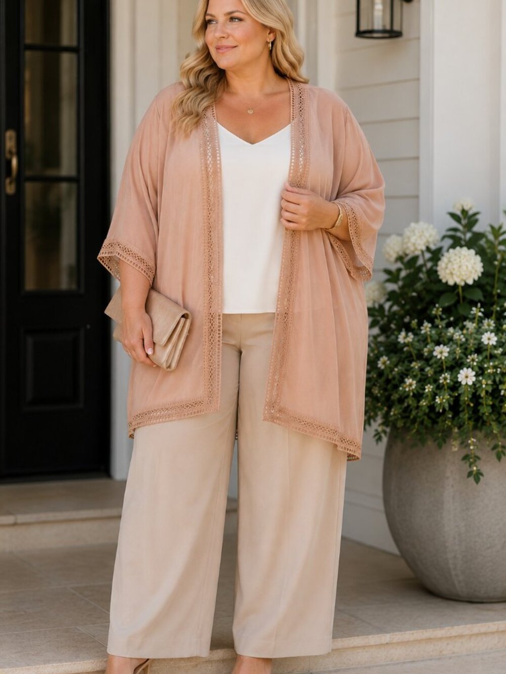 SHEIN Curve Tan Lace Trim Cape Kimono Women's 2XL Plus Size Boho Duster NWOT